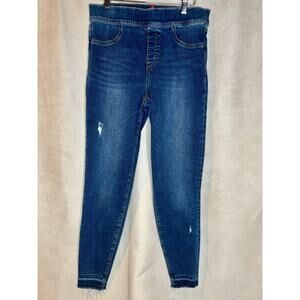 Spanx Distressed Pull On Skinny Jeans High Rise Blue Denim Jegging L